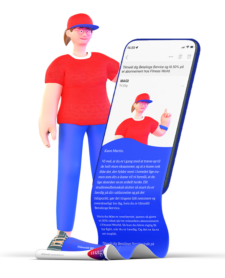 Mock-up til nyhedsbrev med 3-D karakteren Maggie